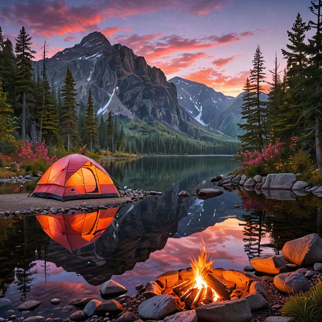 A serene camping scene by a crystal-clear lake at dawn, featuring a well-equipped tent, fishing gear neatly arranged, and a cozy campfire with glowing embers. In the background, majestic mountains rise under a colorful sky, inviting exploration and relaxation. Wildlife like deer or birds can be seen in the distance, adding a touch of nature's beauty. The scene radiates adventure and tranquility, showcasing the best of camping and fishing. super-realistic. vibrant colors. 3D.