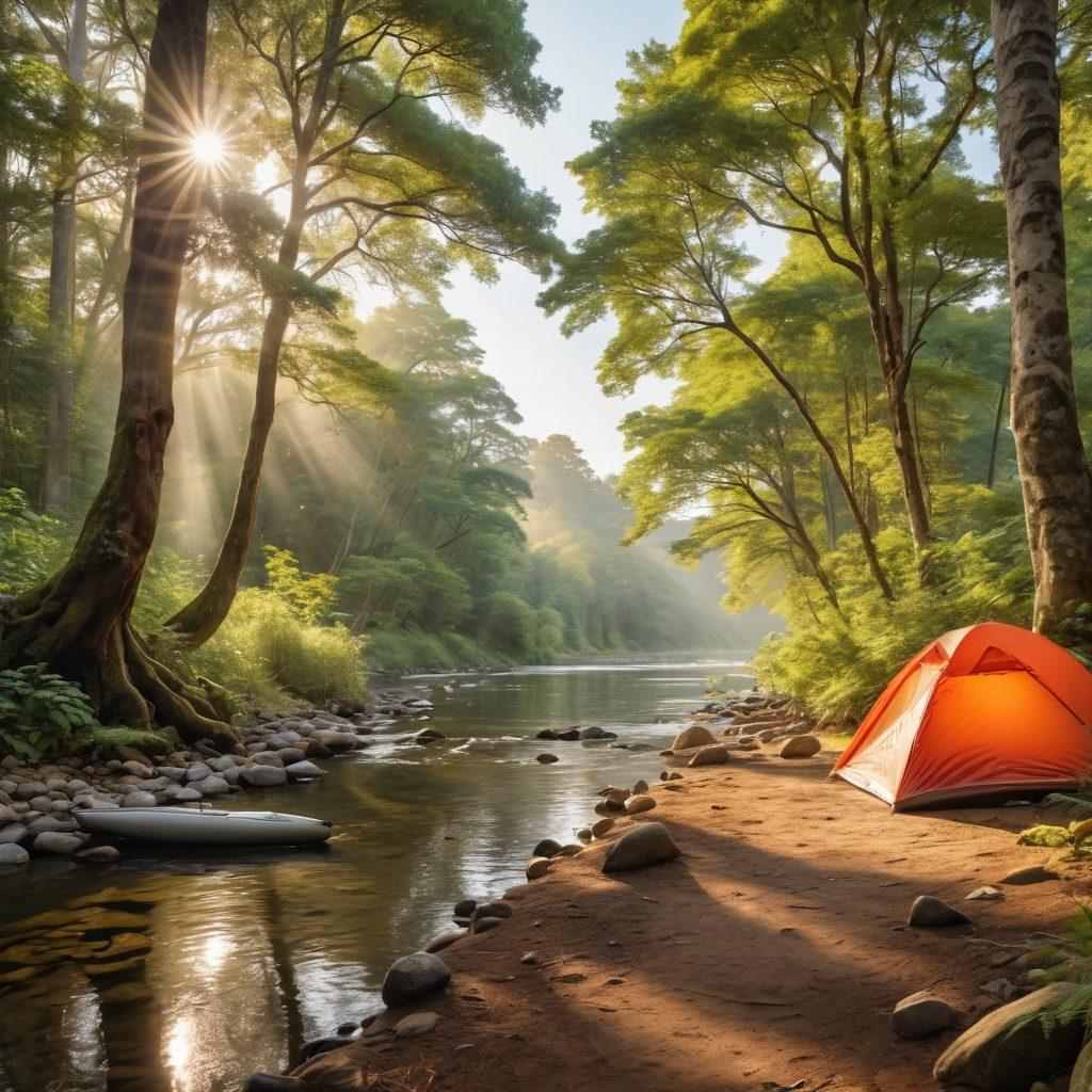 A picturesque landscape featuring a serene river winding through a lush forest, with a campsite in the foreground showcasing various gear like tents, fishing rods, and backpacks. Include a winding hiking trail and a person fishing by the river, embodying adventure and outdoor life. Soft sunlight filtering through the trees, creating a warm and inviting atmosphere. nature-inspired, super-realistic, vibrant colors.