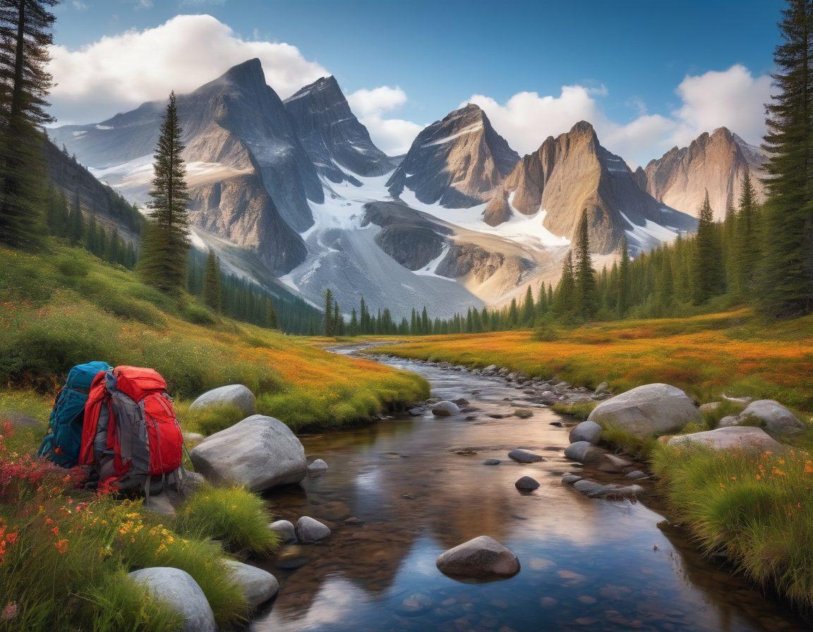 A breathtaking wilderness landscape featuring towering mountains, lush forests, and a serene river. In the foreground, showcase an array of expert outdoor gear such as backpacks, climbing equipment, and camping supplies. Include a group of adventurers exploring the terrain, demonstrating the use of the gear. The colors should be vibrant and inviting, highlighting the beauty of nature. Capture the essence of adventure with a dynamic composition. super-realistic. vibrant colors.